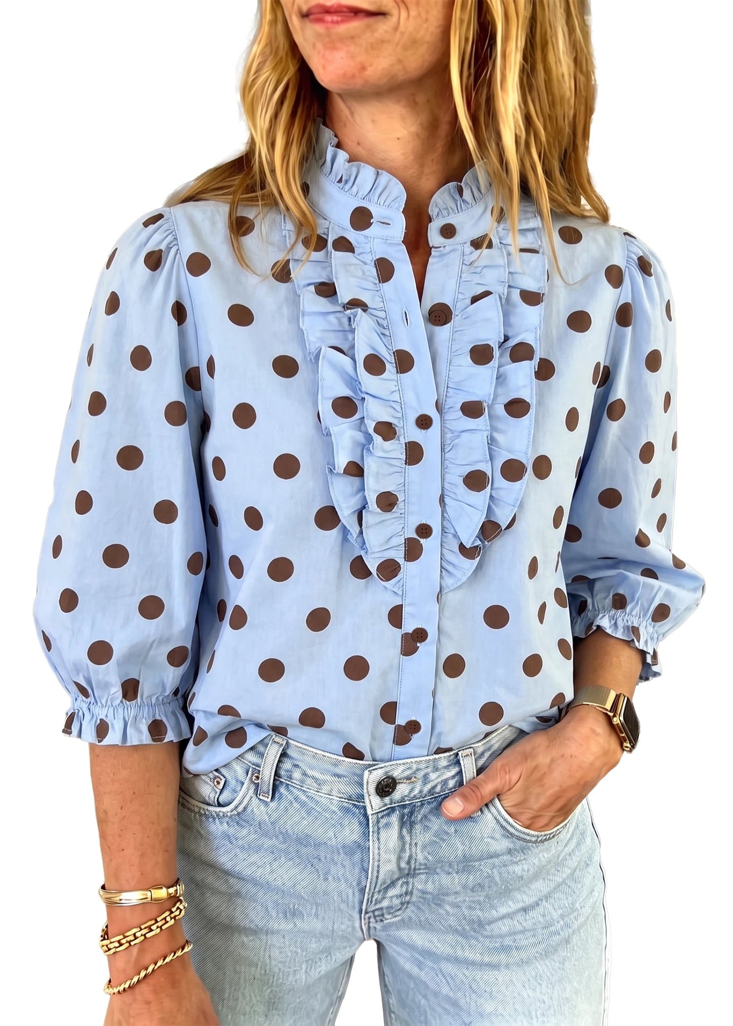 ALI TOP - BLUE AND BROWN POLKA DOT