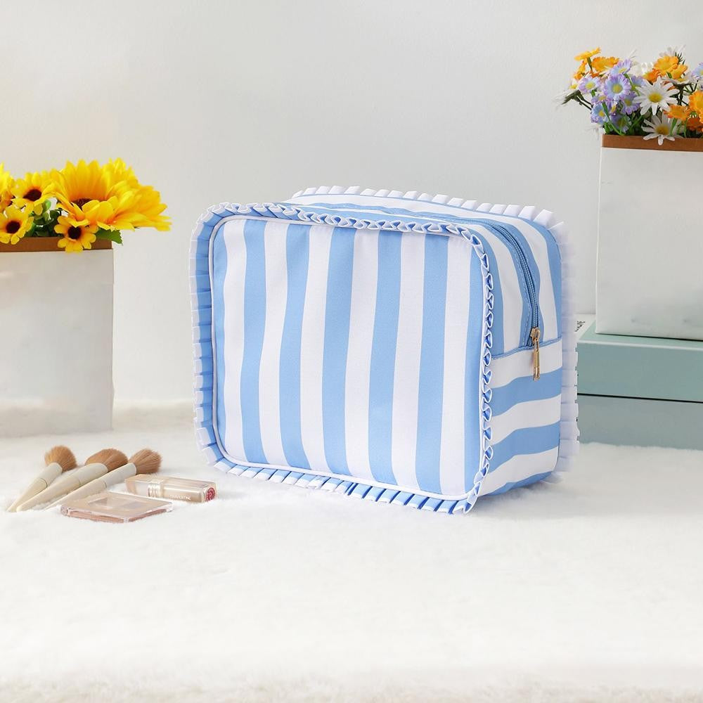 Striped Nylon Ruffle Makeup Pouch
