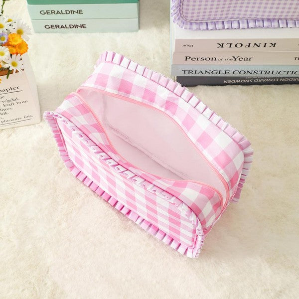 Nylon Gingham Pouch With Ruffe Edges