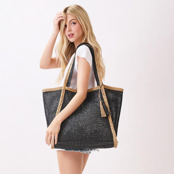 Two Tone Woven Straw Tote Bag With Tassel
