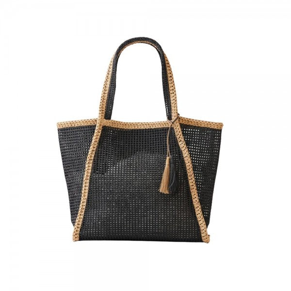Two Tone Woven Straw Tote Bag With Tassel
