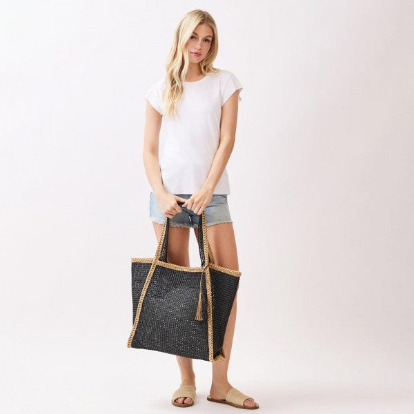 Two Tone Woven Straw Tote Bag With Tassel