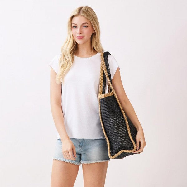 Two Tone Woven Straw Tote Bag With Tassel