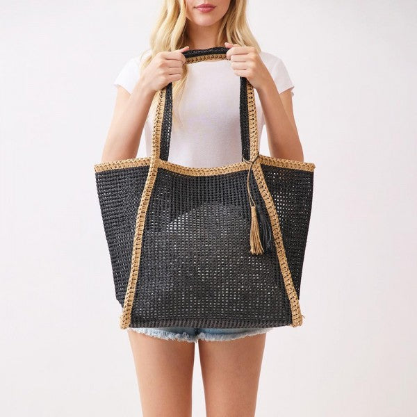 Two Tone Woven Straw Tote Bag With Tassel