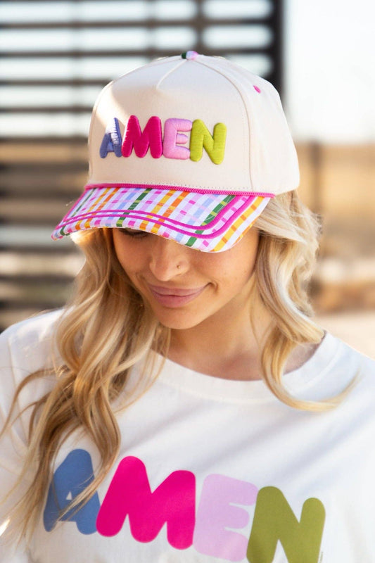 "Amen" on Tan Hat with Plaid Bill