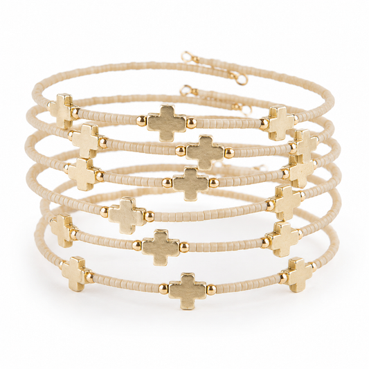 Faithful Beaded Cross Bangle w/ Matte Gold Crosses-Latte