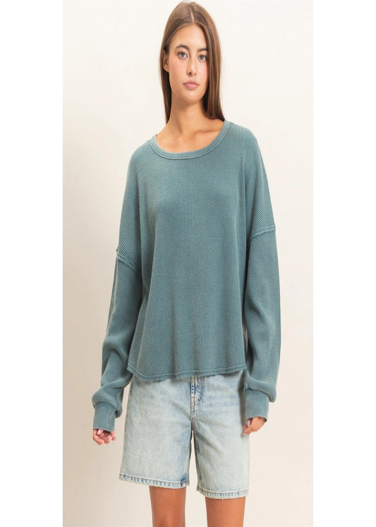 WAFFLE OVERSIZED TOP - TEAL
