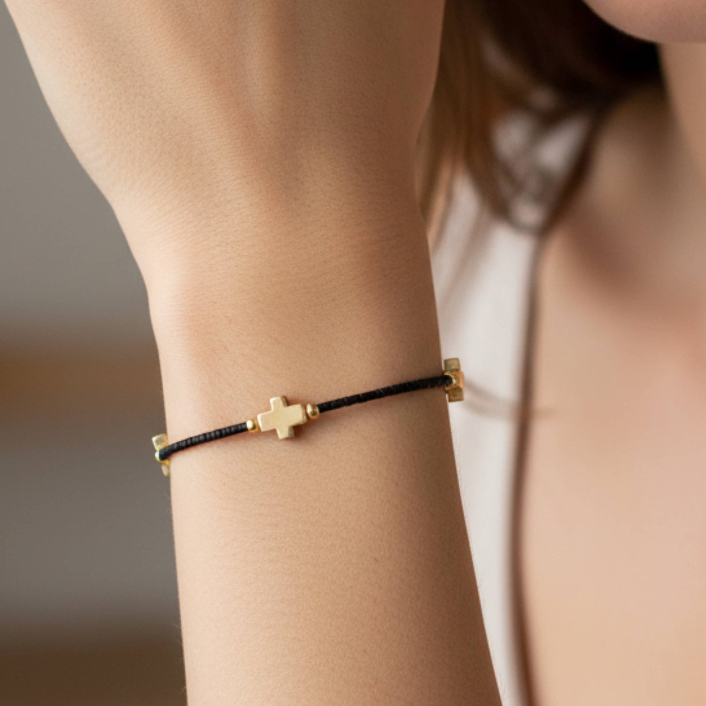 Faithful Beaded Cross Bangle w/ Matte Gold Crosses-Black