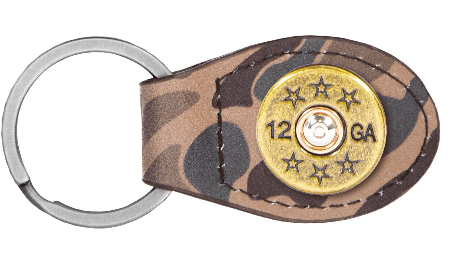 Brown Old School Camo Leather Key Fob. Bass, Lab, Deer, Mallard, Turkey, Shot Shell, USA Flag