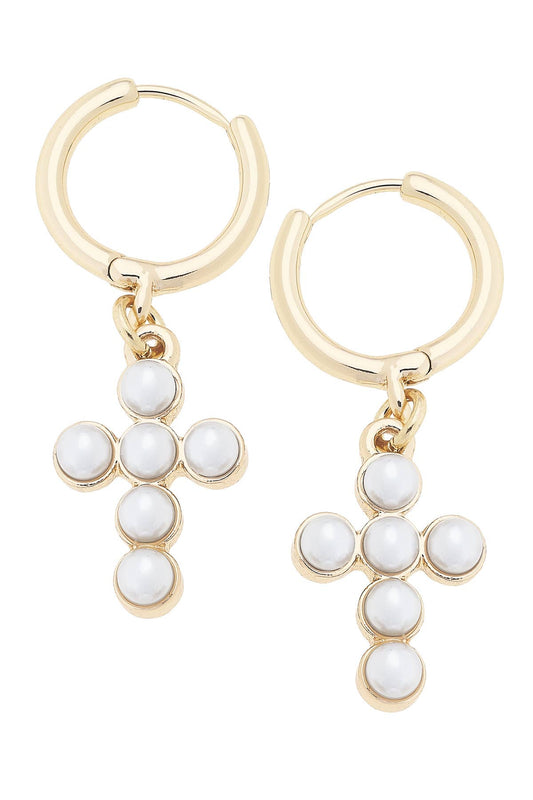 Emily Pearl Cross Drop Hoop Earrings in Ivory
