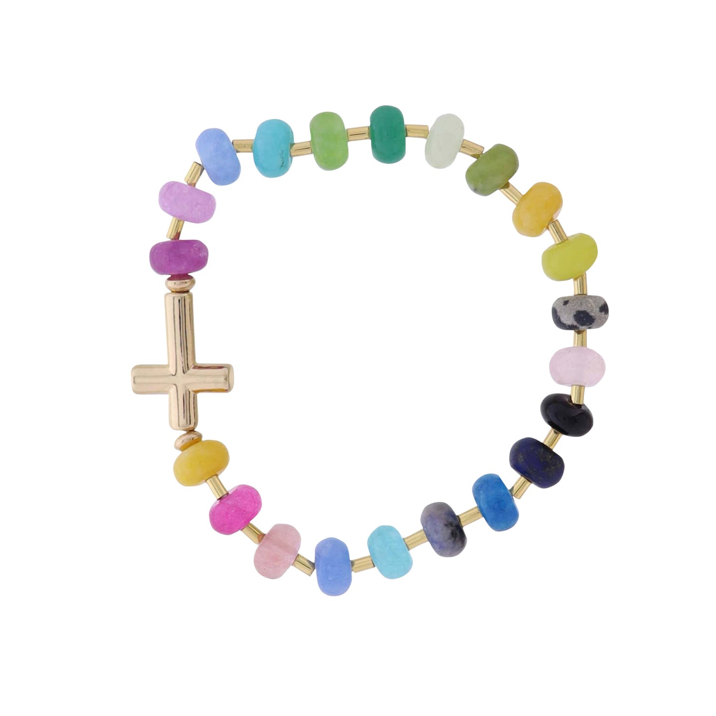 Glass Rondelle Beaded Stretch Bracelet with Gold Cross
