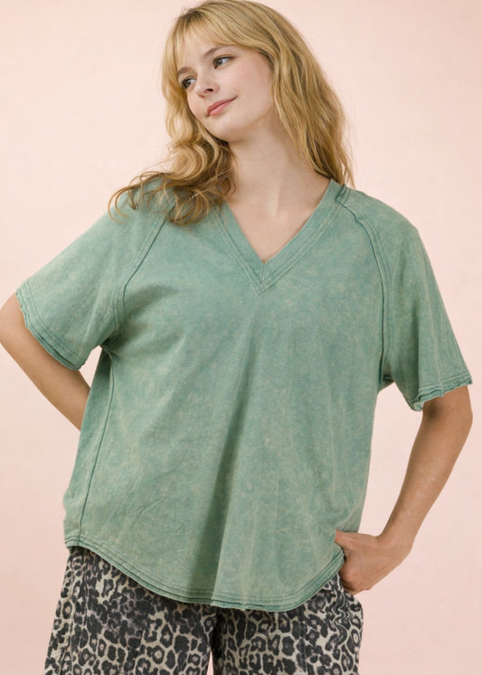 Back Shirring Detail Mineral Washed Knit Top in Sage