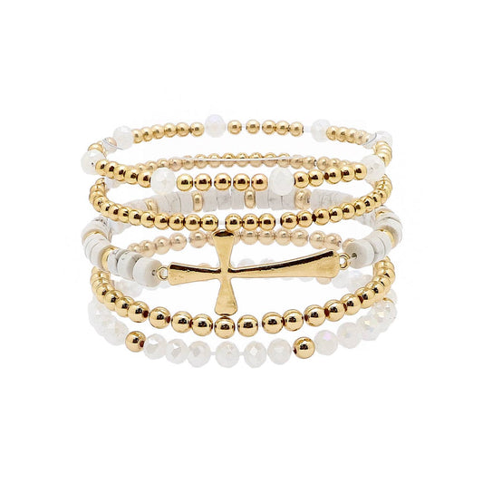 Set of 5 Gold, White Crystal, and Gold Cross Stretch Bracelet Set