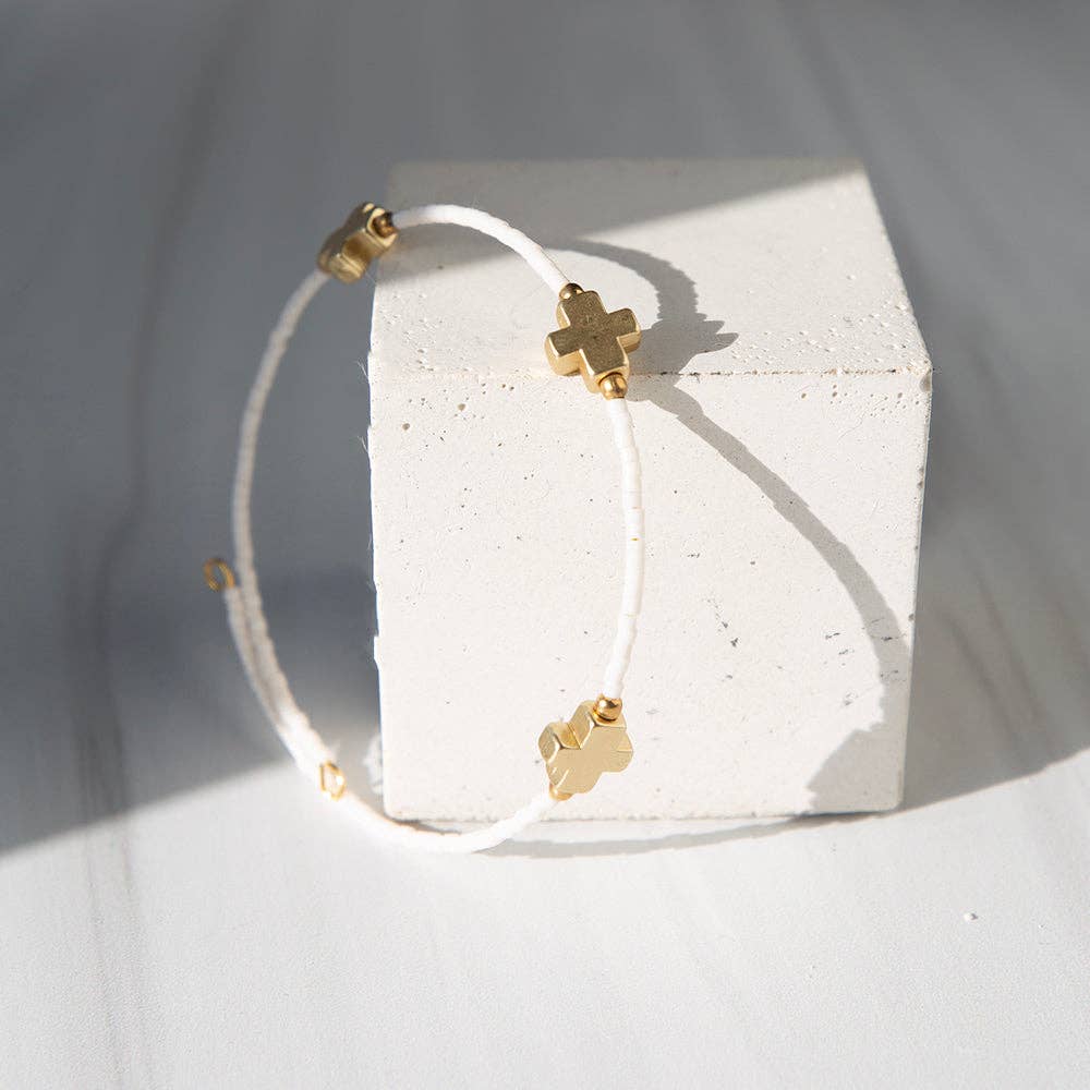 Faithful Beaded Cross Bangle w/ Matte Gold Crosses-White