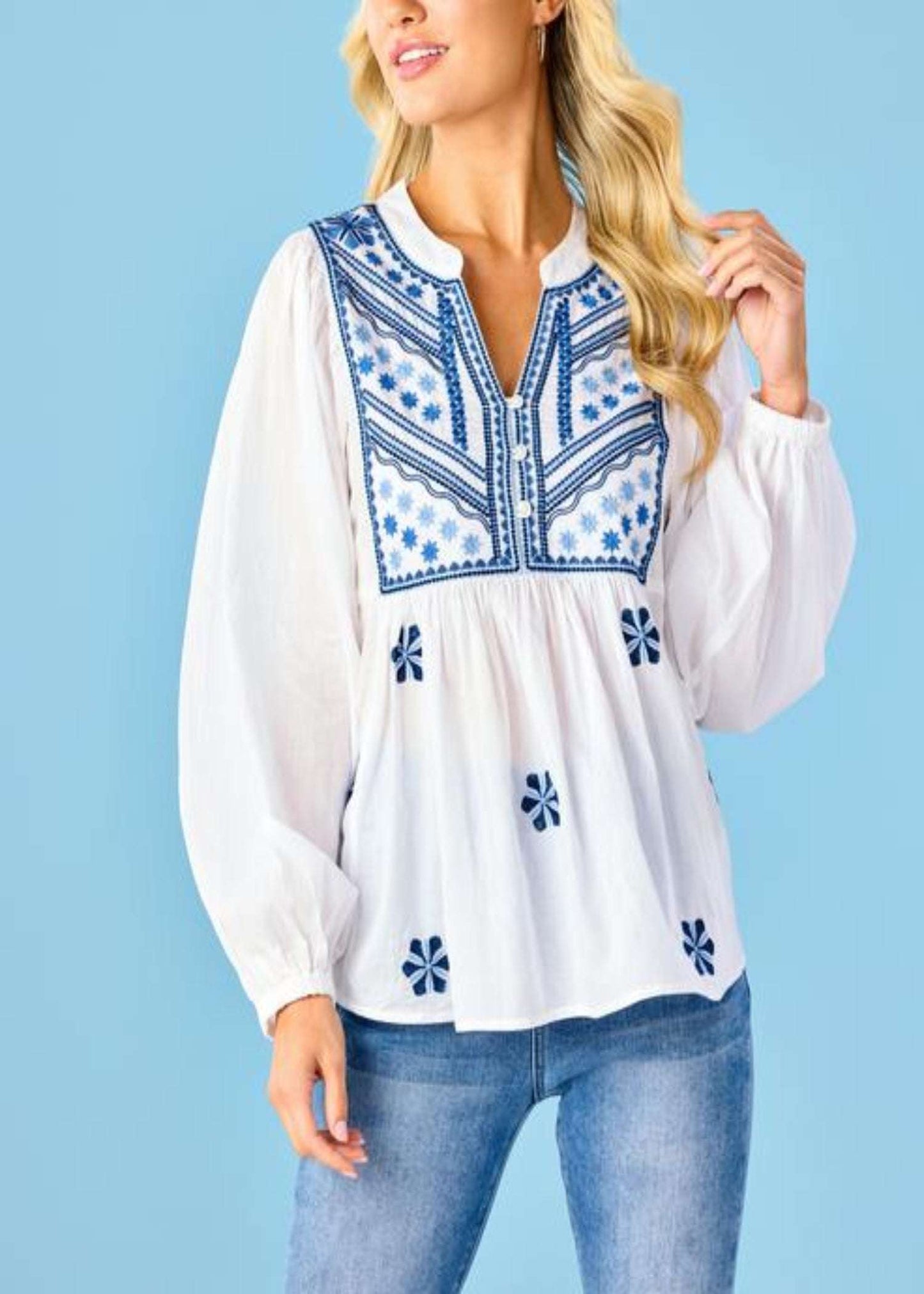 Margeaux Embellished Top - WHITE/BLUE