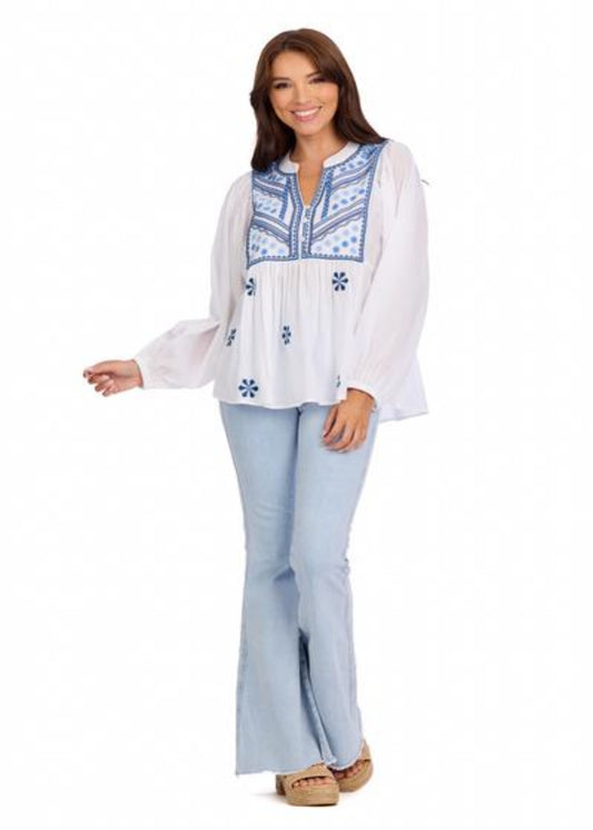 Margeaux Embellished Top - WHITE/BLUE