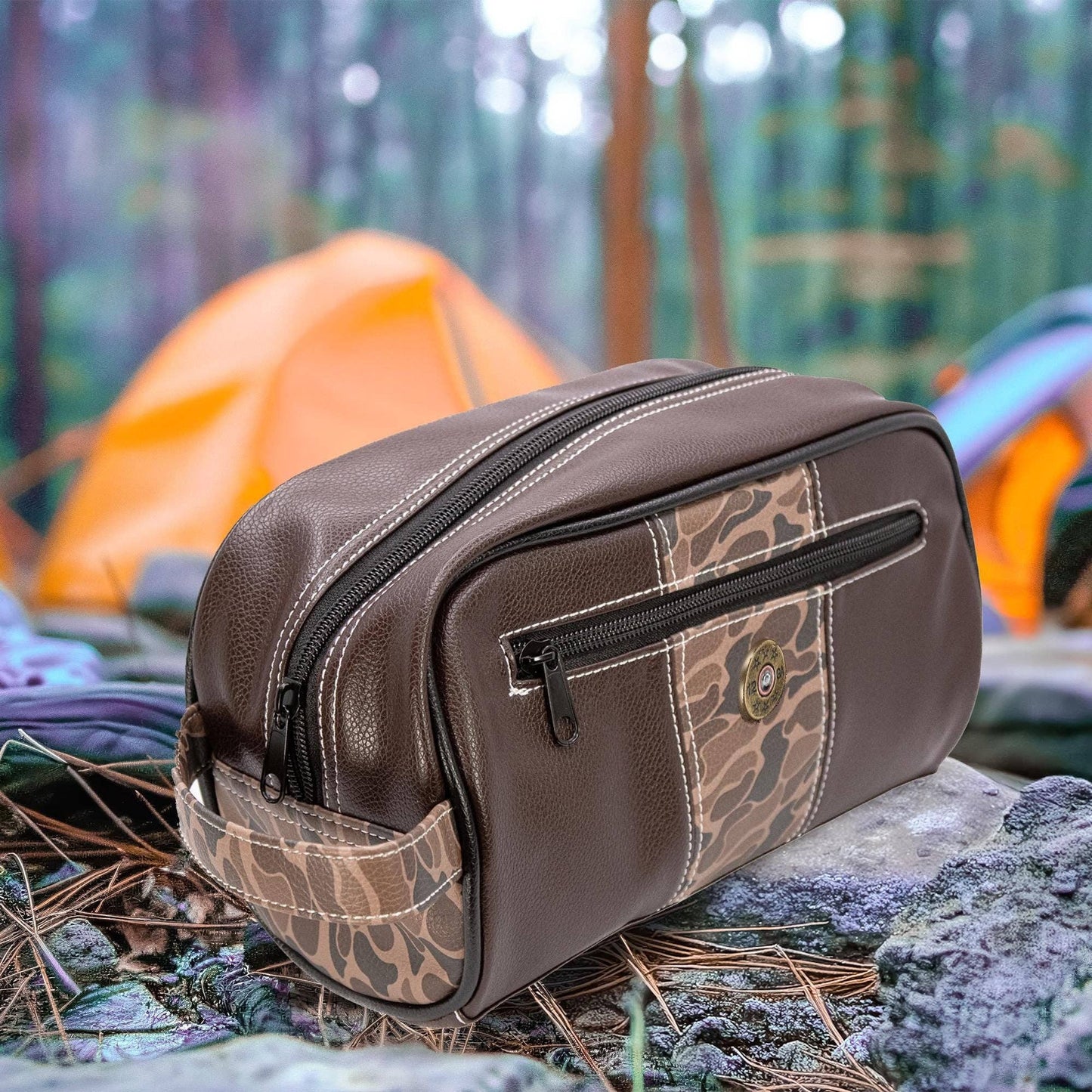 Shot Shell Brown Pebble Old School Camo Men's Toiletry Dopp Bag.