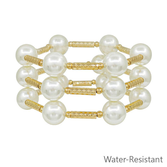 Water Resistant Set of 3 Gold Tube with 14MM Pearl Beaded Bracelet Set