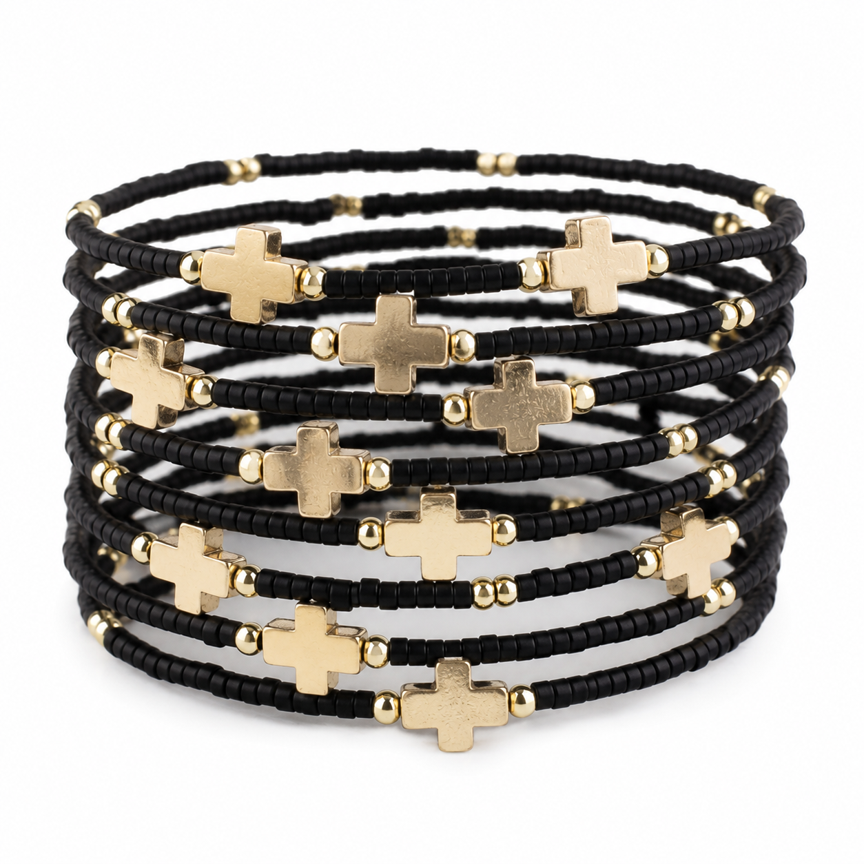 Faithful Beaded Cross Bangle w/ Matte Gold Crosses-Black