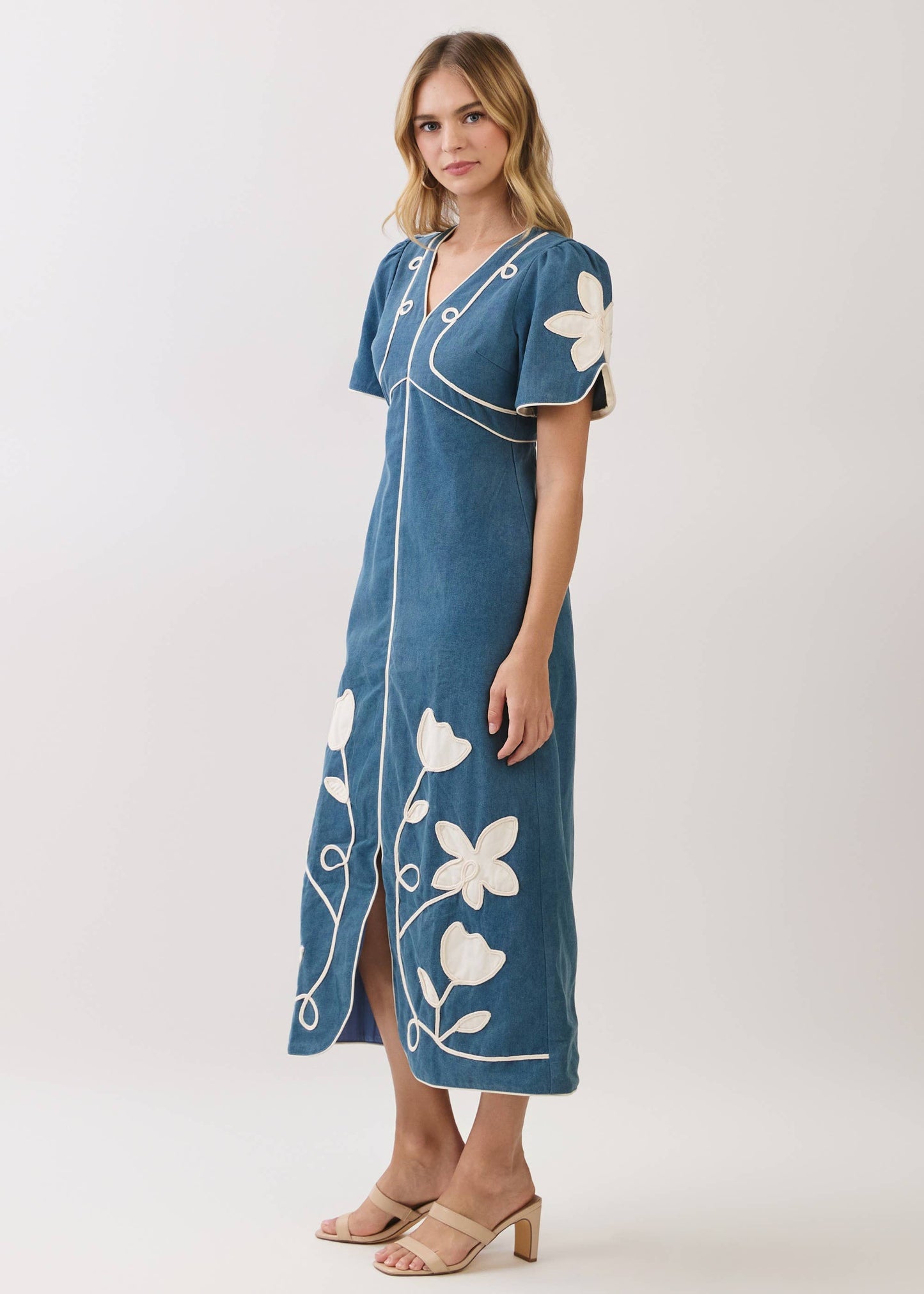 Floral Appliqué Contrast Trim Midi Dress