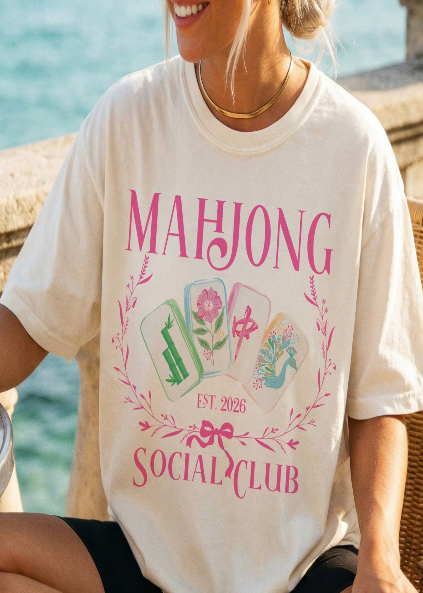 Mahjong Preppy Social Club Pink Green Retro Game Graphic Tee