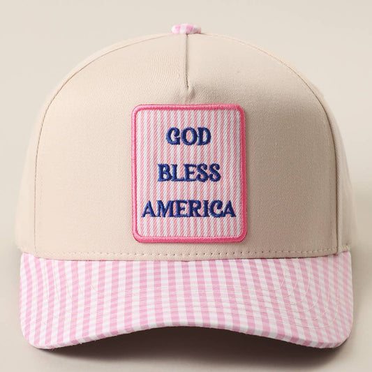 GOD BLESS AMERICA EMBROIDERED PATCH GINGHAM TRUCKER HAT - PINK