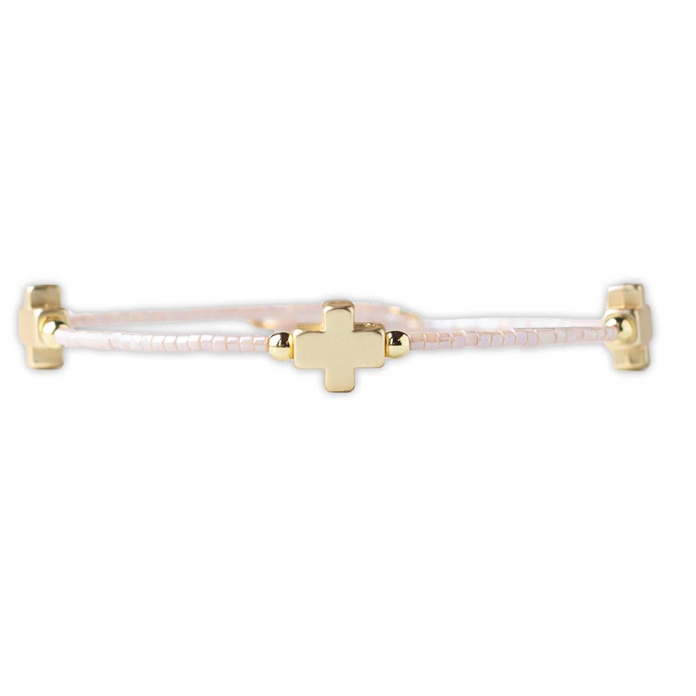 Faithful Beaded Cross Bangle w/ Matte Gold Crosses-Champagne