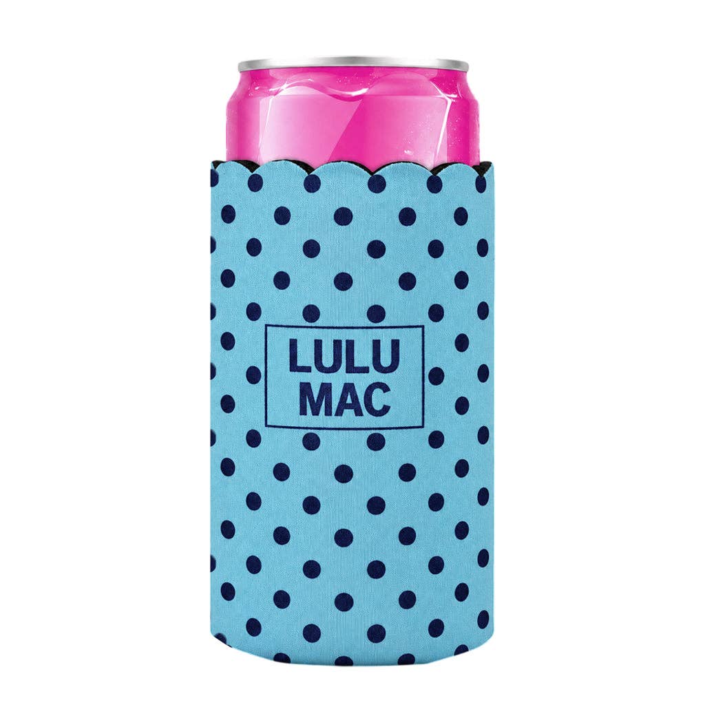 Slim Can Koozie Light Blue/Navy Dot