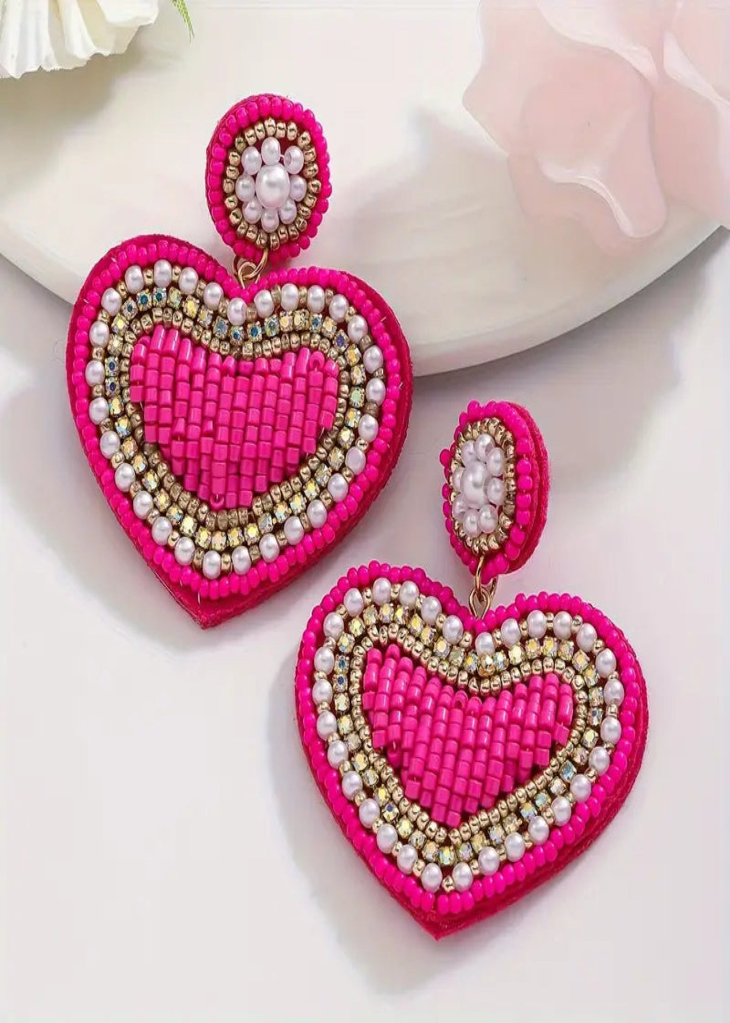 BEADED RHINESTONE HEART EARRINGS