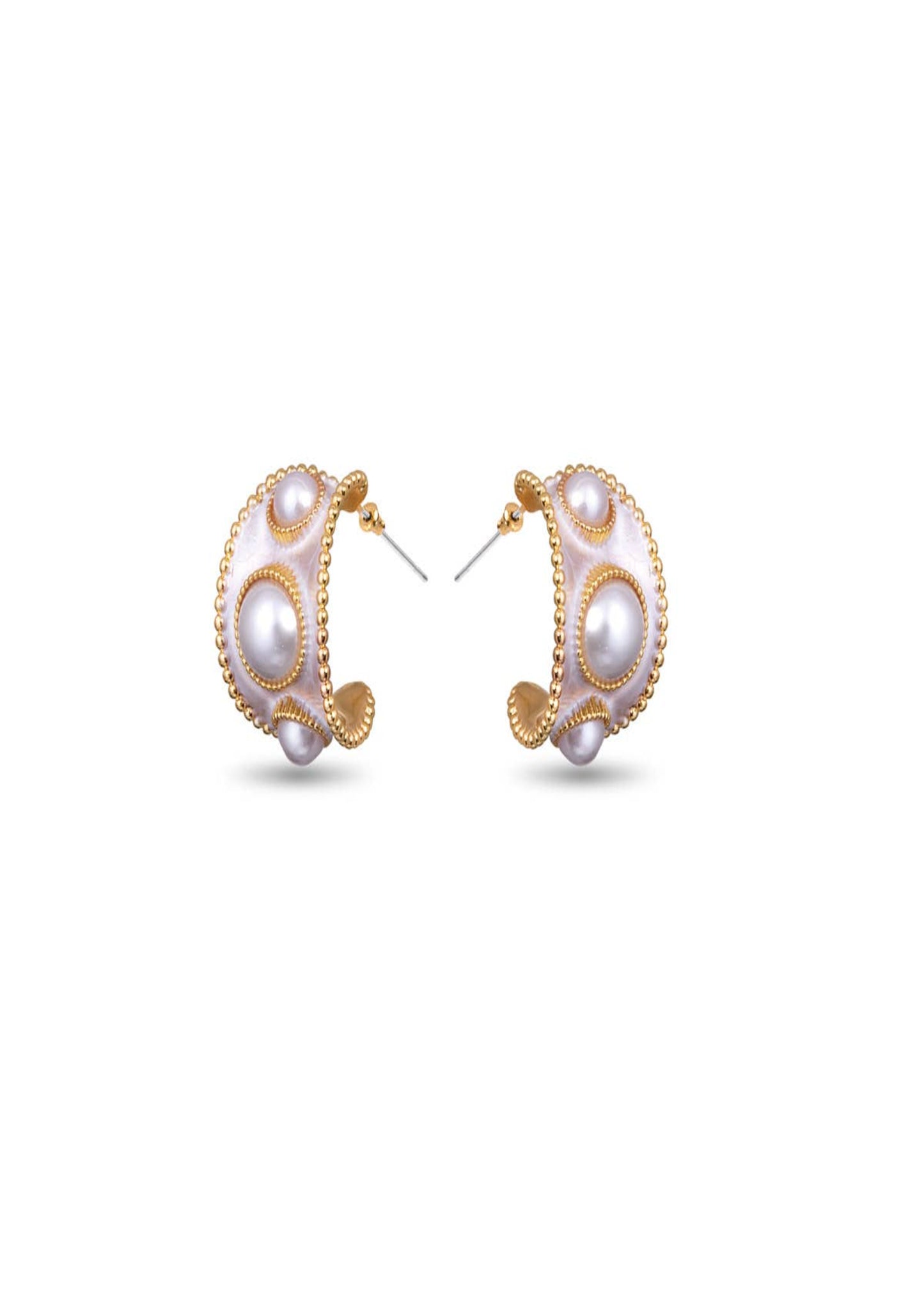 Pearl and Enamel Huggie Earrings -  Gold