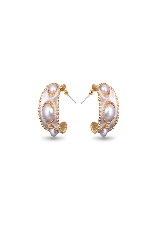 Pearl and Enamel Huggie Earrings -  Gold