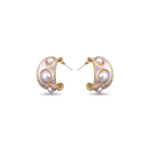 Pearl and Enamel Huggie Earrings - Gold