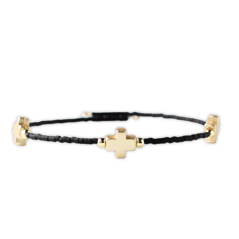 Faithful Beaded Cross Bangle w/ Matte Gold Crosses-Black
