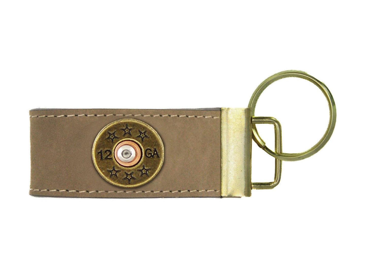 Leather Loop Key Fob. Crazyhorse Full Grain Leather With Antique Brass Logo. American Flag, Shotshell, SC Palmetto, Cotton Boll