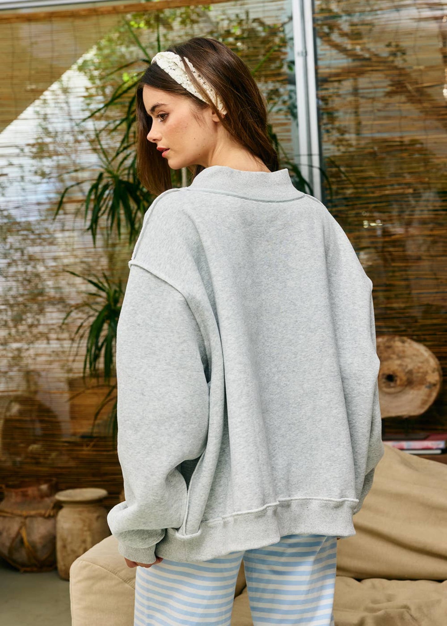 Stripe Embroidered "WWJD" Mock Neck Sweatshirt