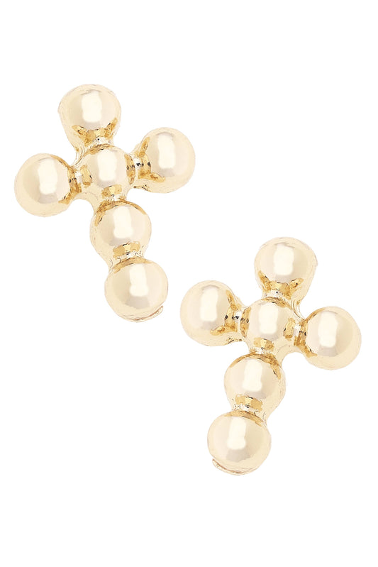 Millie Beaded Cross Stud Earrings in Shiny Gold
