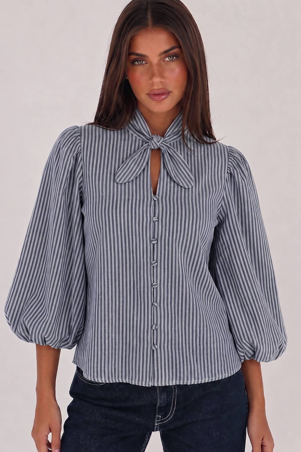 Striped Tie-Neck Puff Sleeve Blouse