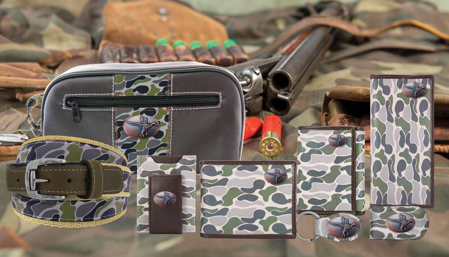 Green Old School Camo Leather Key Fob. Bass, Lab, Deer, Mallard, Turkey, Shot Shell, USA Flag