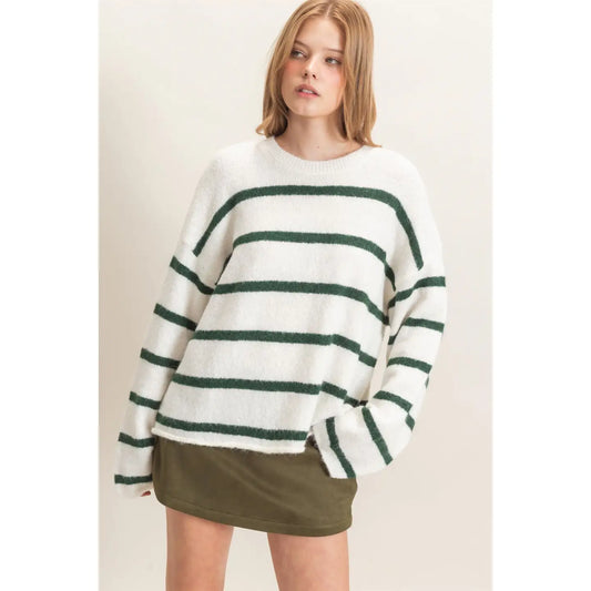 STRIPED CREW NECK SWEATER - HUNTER GREEN