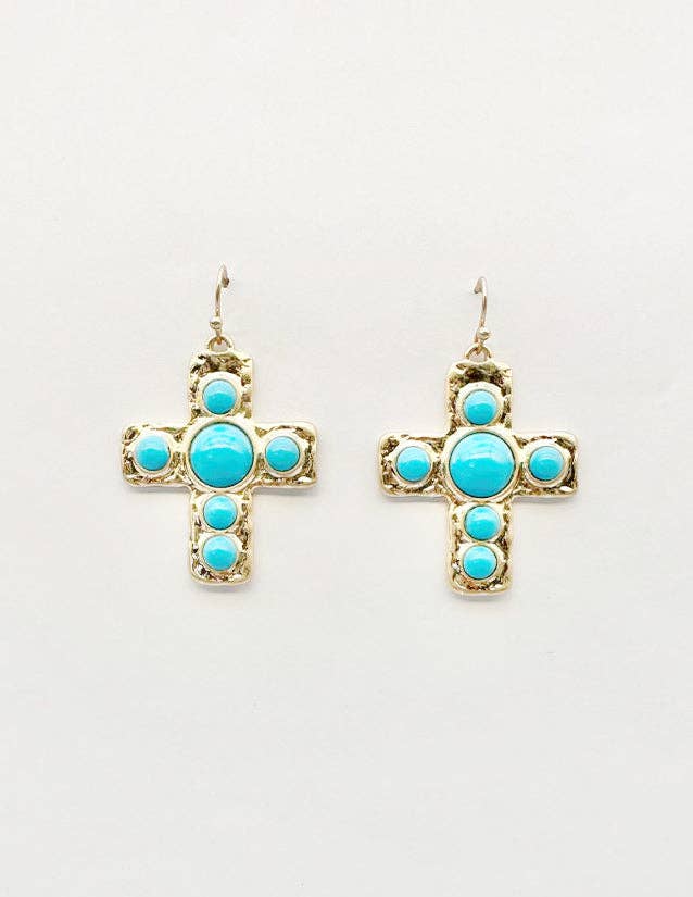 Gold 1.5" Cross with Turquoise Beaded Accents Earring