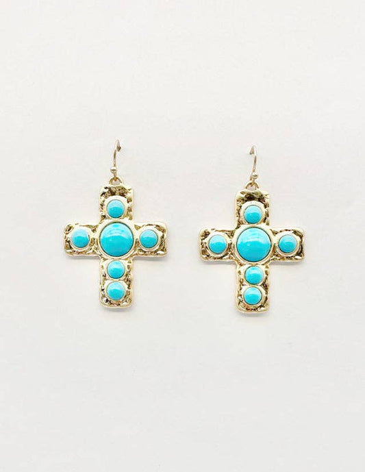 Gold 1.5" Cross with Turquoise Beaded Accents Earring