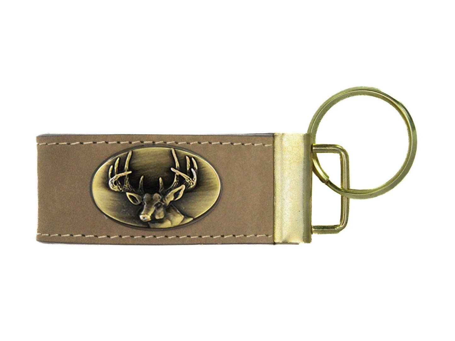 Leather Loop Key Fob. Crazyhorse Full Grain Leather With Antique Brass Logo. Bass, Dog, Deer, Mallard