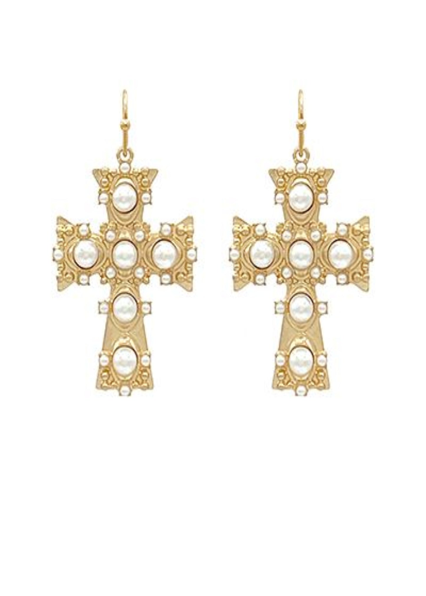 ANTIQUE CROSS MULTI PEARL DROP EARRINGS