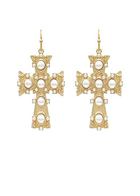 ANTIQUE CROSS MULTI PEARL DROP EARRINGS