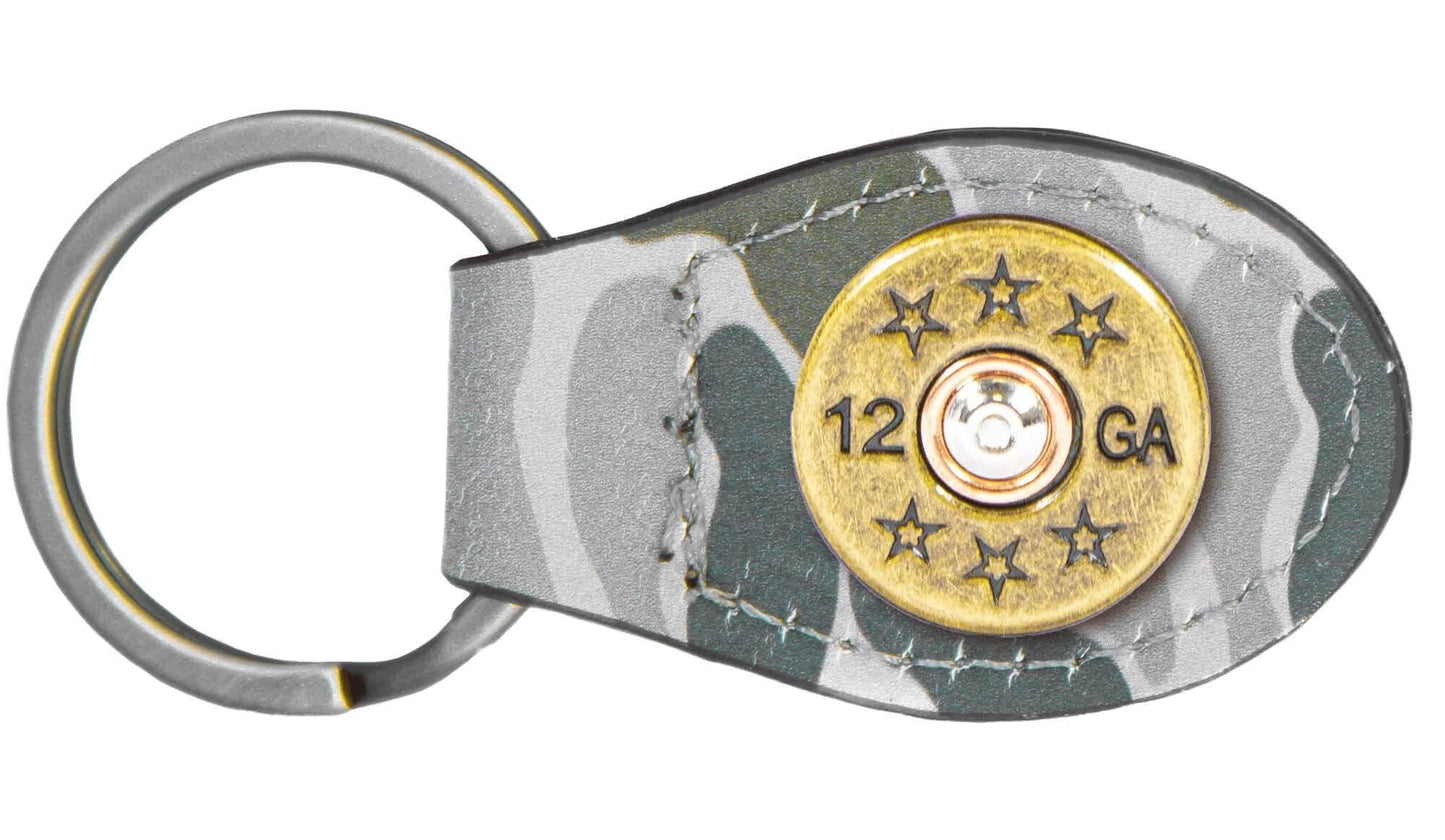 Green Old School Camo Leather Key Fob. Bass, Lab, Deer, Mallard, Turkey, Shot Shell, USA Flag