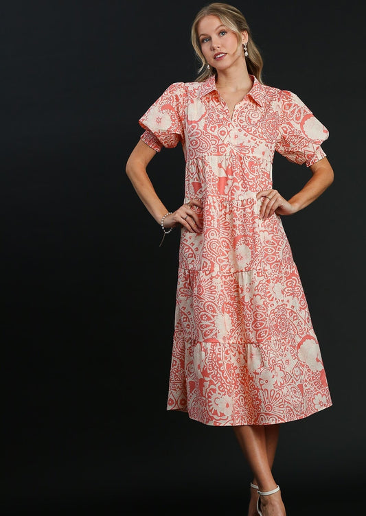 PAISLEY COLLARED DRESS-CORAL PEACH