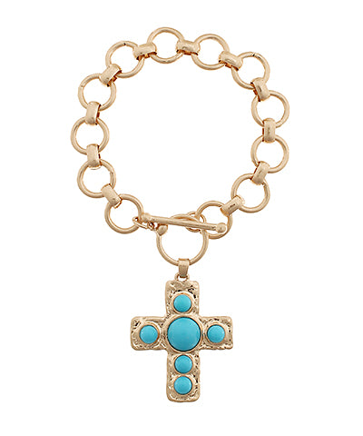 CROSS CHARM PEARL BRACELET - TURQUOISE