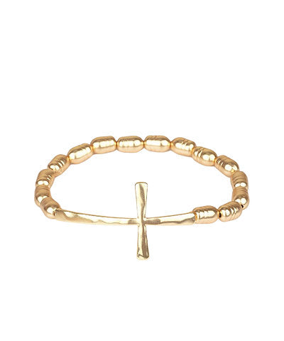 HAMMERED CROSS & BEAD BRACELET - MATTE GOLD