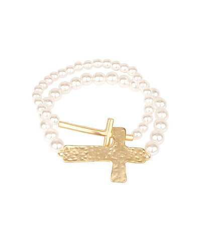 2 ROW CROSS AND PEARL BRACELET - CREAM