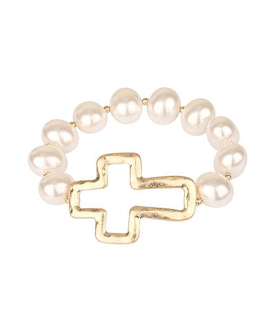 CROSS AND PEARL BRACELET - CREAM
